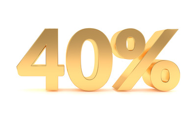 Gold 40 percent discount sale promotion. 40% discount isolated on white background. Forty percent...