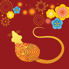 Illustration for Chinese New Year, year of the Rat. Golden rat on red background, firely flower blossum