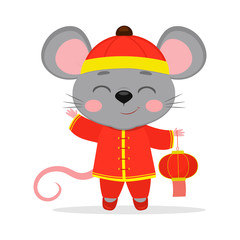 Chinese zodiac rats of 2020. A cute mouse or rat in a Chinese traditional red costume holds a red Chinese lantern isolated on a white background. Cartoon style, vector