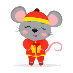 Obraz premium Chinese zodiac rats of 2020. Cute mouse or rat in a Chinese traditional red costume holds a box with a gift, isolated on white background. Cartoon style, vector