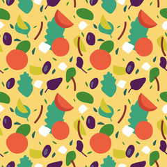 Vector illustration mix of salad leaves. Arugula, spinach, lettuce leaf, watercress and radicchio with greek cheese. Seamless pattern.