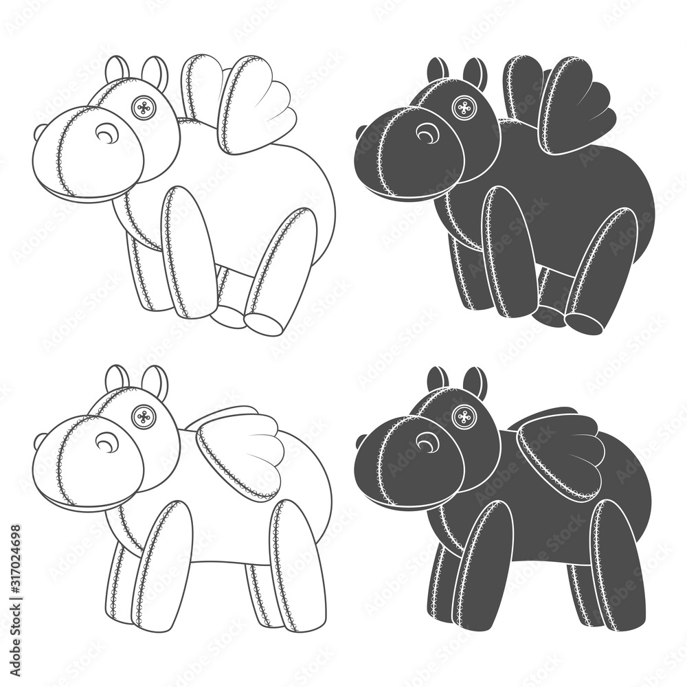Poster set of black and white illustrations with a toy hippo with wings. isolated vector objects on a white
