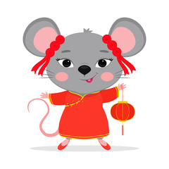 Chinese zodiac rats of 2020. A cute mouse or rat in a Chinese traditional red costume holds a red Chinese lantern isolated on a white background. Cartoon style, vector