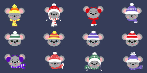 Set collection of twelve cute mouse rats in winter hat and scarf of different designs on a blue background. Year of the rat. Cartoon, flat style, vector
