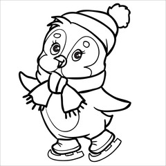 penguin character made in outline skates wearing a hat and scarf, isolated object on a white background,