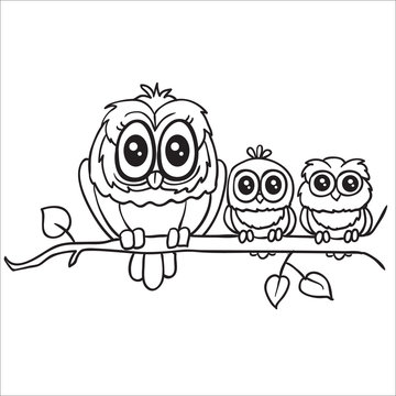 three owls are made in the contour and are sitting on a branch, isolated object on a white background,