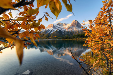 Sunrise on Mount Lawrence Grassi with golden leaves reflection on Rundle Forebay reservoir at...