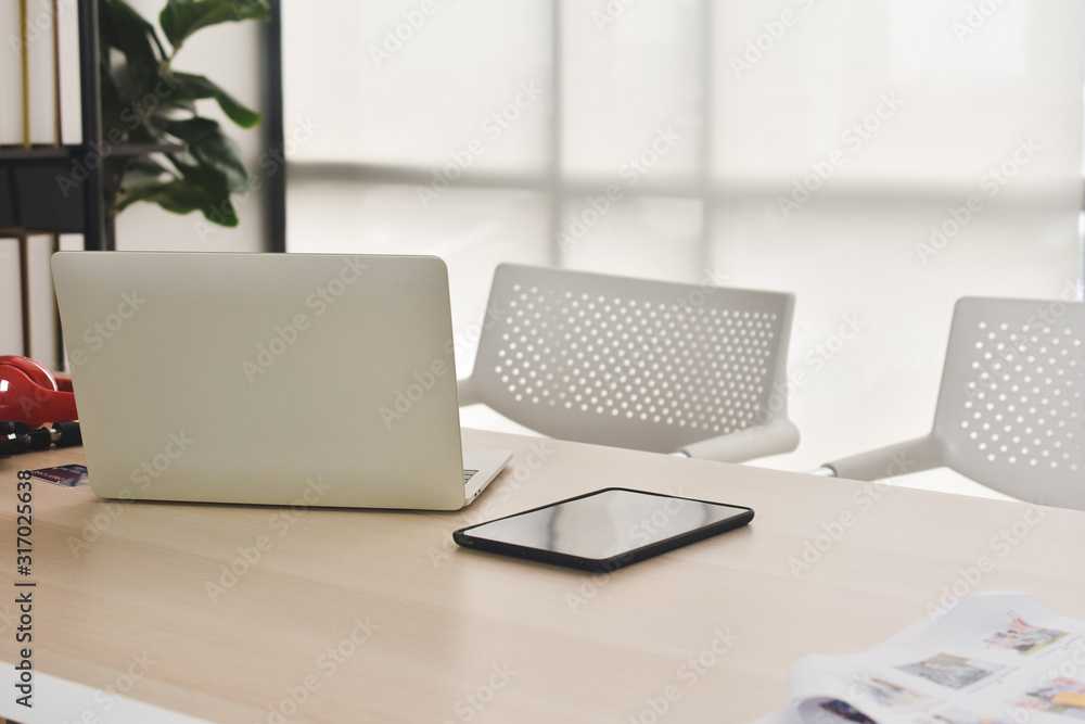 Poster laptop computer notebook on desk in office internet technology work online connection