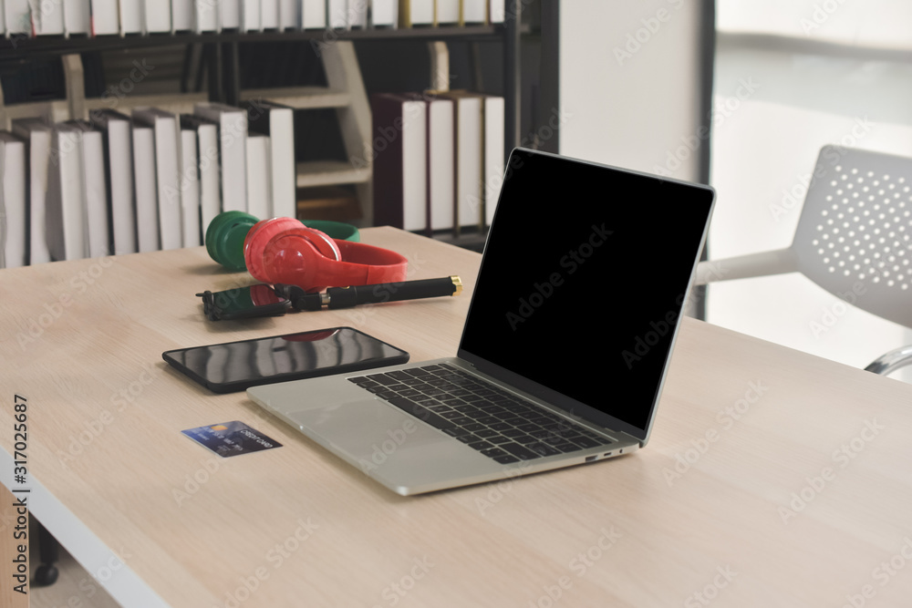 Poster laptop computer notebook on desk in office internet technology work online connection