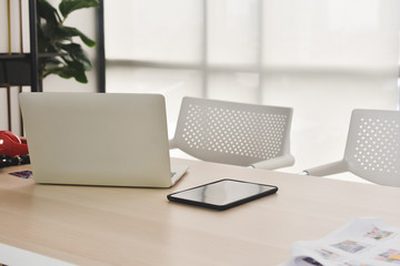 Laptop Computer Notebook on desk in office internet technology work online connection