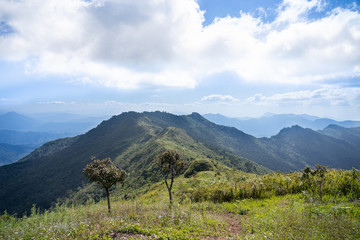 Landscape of mountain with green grass field and clear blue sky