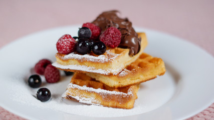 Waffles with chocolate, sugar powder, currant and raspberry berries