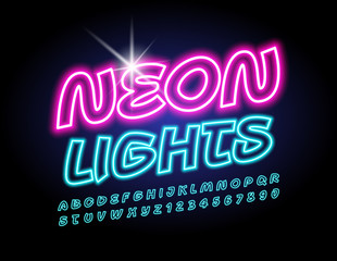 Vector Neon Light Alphabet Letters and Numbers. Blue glowing Font