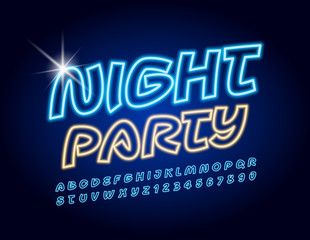 Vector neon poster Night Party. Blue glowing Font. Electric creative Alphabet Letters and Numbers