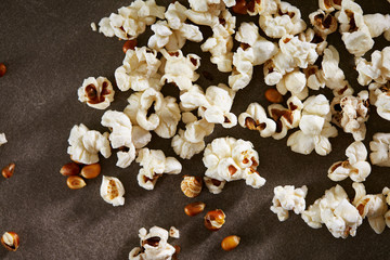 Popcorn on black background, close up 