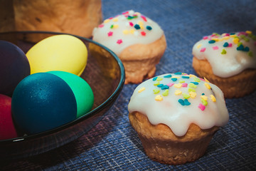 Easter composition on a dark blue background.