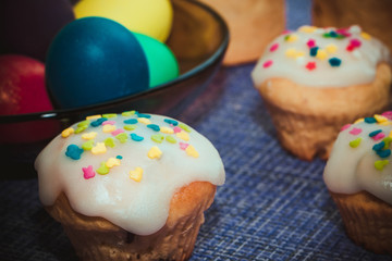 Easter composition on a dark blue background.