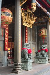 Chinese Imperial guardian lions, made of stone, guarding the gate at a buddhist temple in Saigon, Vietnam (Ho Chi Minh City)