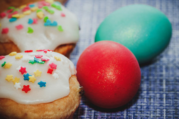 Easter composition on a dark blue background.