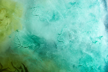 Green blue abstract exoplanet outer space vibrant sea. Waves, splashes and drops of water paint. Mysterious esoteric depths of the galactic ocean