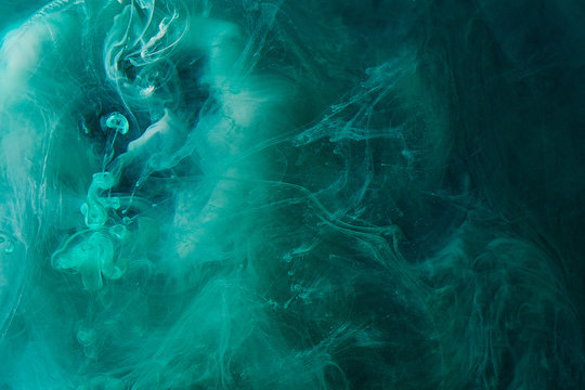 Green blue abstract exoplanet outer space vibrant sea. Waves, splashes and drops of water paint. Mysterious esoteric depths of the galactic ocean