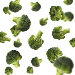Flying broccoli isolated on white background, pattern