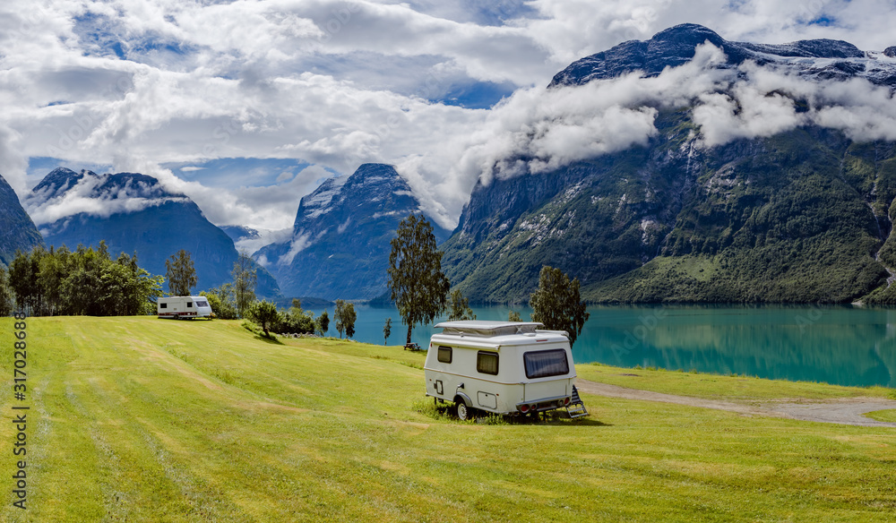 Wall mural family vacation travel rv, holiday trip in motorhome