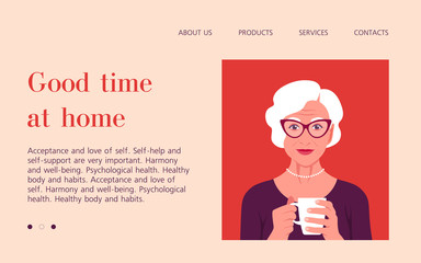 An elderly woman holds a cup in her hands and smiles. Psychology. Rest at home. Vector flat illustration