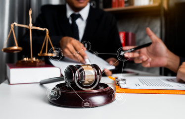 justice and law concept, The lawyer or legal counsel is listening and providing advice to business people, law interface icon.	
