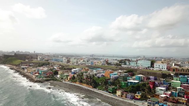 San Juan Puerto Rico, Aerial View on City Waterfront, La Perla District and Altlantic Ocean Coastline