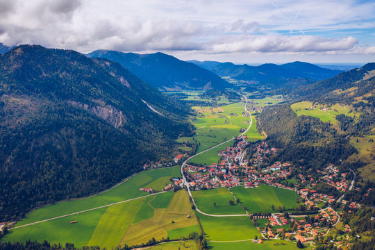 Bayrischzell municipality aerial view, with a view of Osterhofen town. German beautiful nature and green forests, Bavaria, Germany. The village Bayrischzell in mountains of Alps, Bavaria Germany.