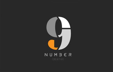 number 9 nine for company logo icon design in grey orange and white colors - obrazy, fototapety, plakaty