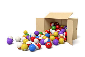 3d rendering of cardboard box lying sidelong with colorful snooker balls inside and in front of it.