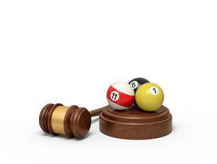 3d rendering of pool and billiard balls on round wooden block and brown wooden gavel