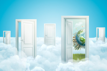 3d rendering of white clouds with open doorways and Earth globe covered with city skyscrapers on blue background