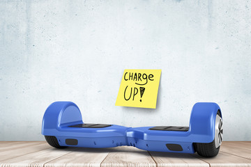 3d rendering of blue hoverboard on white wooden floor with yellow 'Charge up' note on white wall background