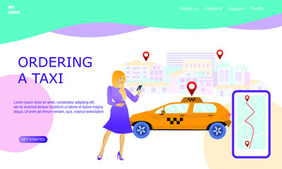Illustration for online ordering a taxi car, rent and sharing using service mobile application.  Woman holding a  phone Modern landing page for mobile app. Business website concept.