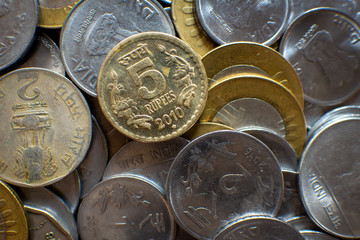 Close up picture of Indian coins. Top view of indian currency coins.
