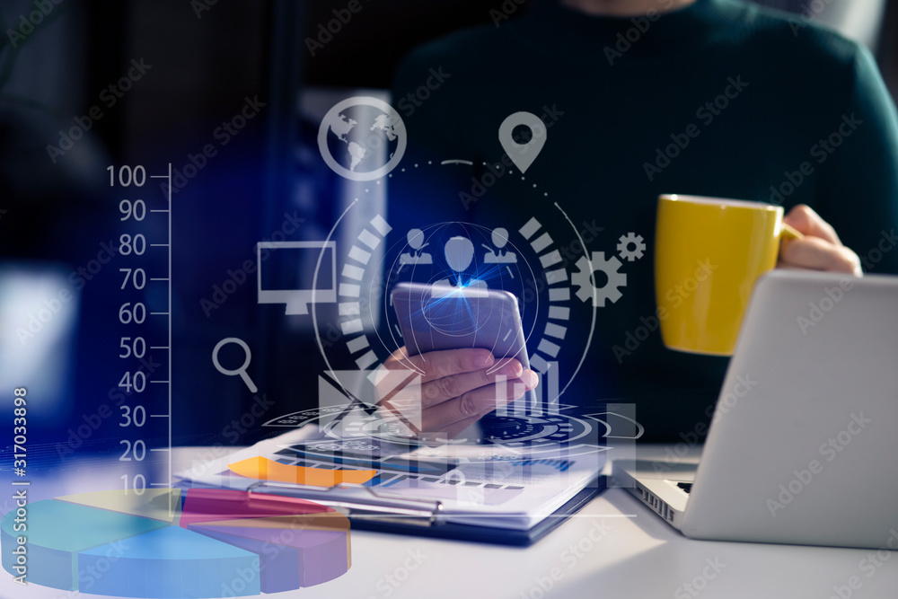 Poster hands of business people working with documents and tablet and network icons on office table. double