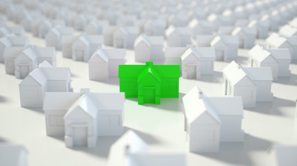 Fototapeta na wymiar Green and white house, Hunting, searching and choosing new house minimal concept. 3D Rendering