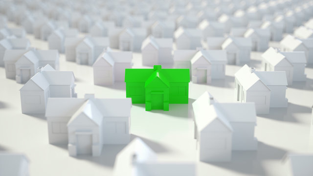 Green and white house, Hunting, searching and choosing new house minimal concept. 3D Rendering