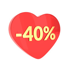 Gold 40 percent Valentine's Day discount sale promotion. 40% discount in red heart isolated on white background