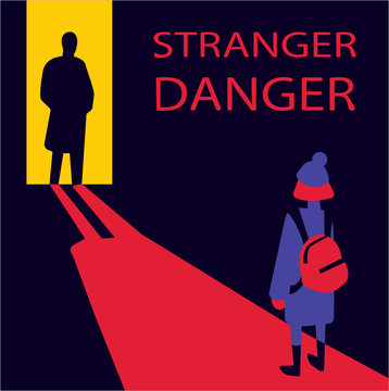Flat vector illustration of young child meeting male stranger in dark street. Social problem of stranger danger. Children protection and safety. Kids kidnapping and child abuse by unknown people