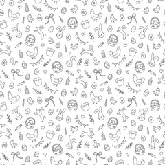 Easter seamless pattern with eggs, rabbits, hens, chicken and other symbol of the great religious holiday. Vector illustration in doodle style on white background. Hand drawn