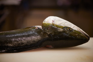 Filleting fish at fish market 