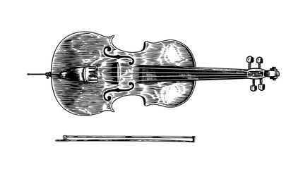 Jazz cello and bow in monochrome engraved vintage style. Hand drawn violoncello sketch for blues and ragtime festival poster. Musical classical stringed instrument.  © artbalitskiy