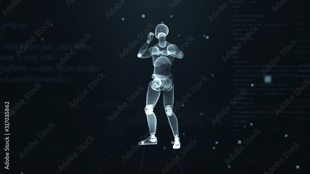 Poster human puppet talking on the phone in virtual 3d digital space with futuristic white hud. x-ray scan.