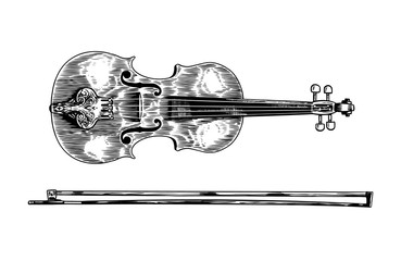 Jazz violin and bow in monochrome engraved vintage style. Hand drawn fiddle sketch for blues and ragtime festival poster. Musical classical stringed instrument.  © artbalitskiy