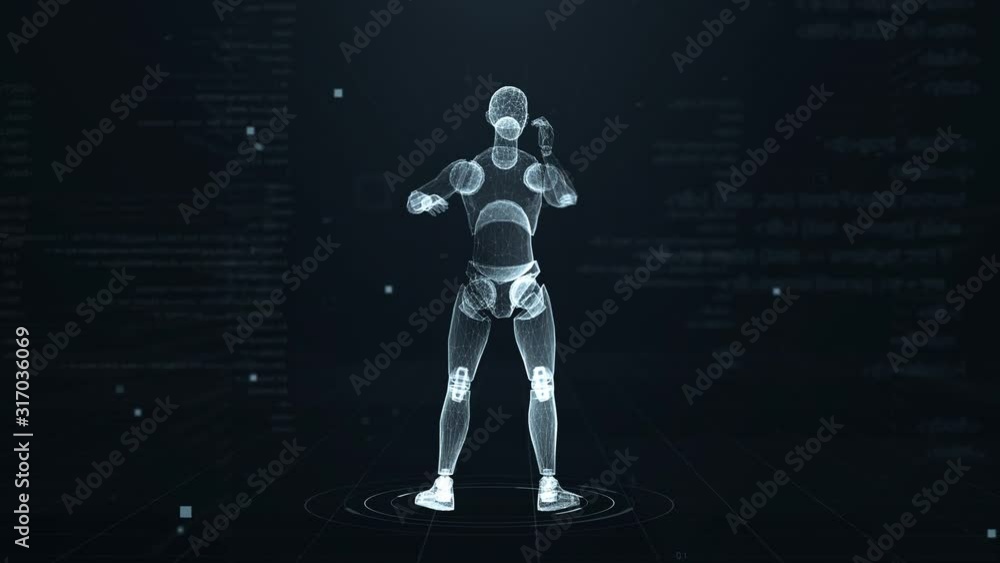 Poster human puppet talking on the phone in virtual 3d digital space with futuristic white hud. x-ray scan.