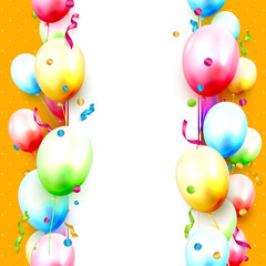 Colorful balloons and confetti on orange background